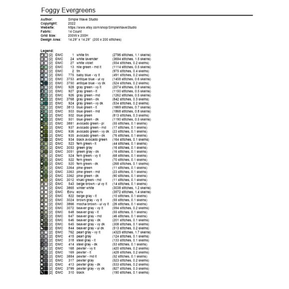 Foggy Green Evergreen Tree Mountain Landscape Counted Cross Stitch Leaflet NEW - Picture 3 of 4